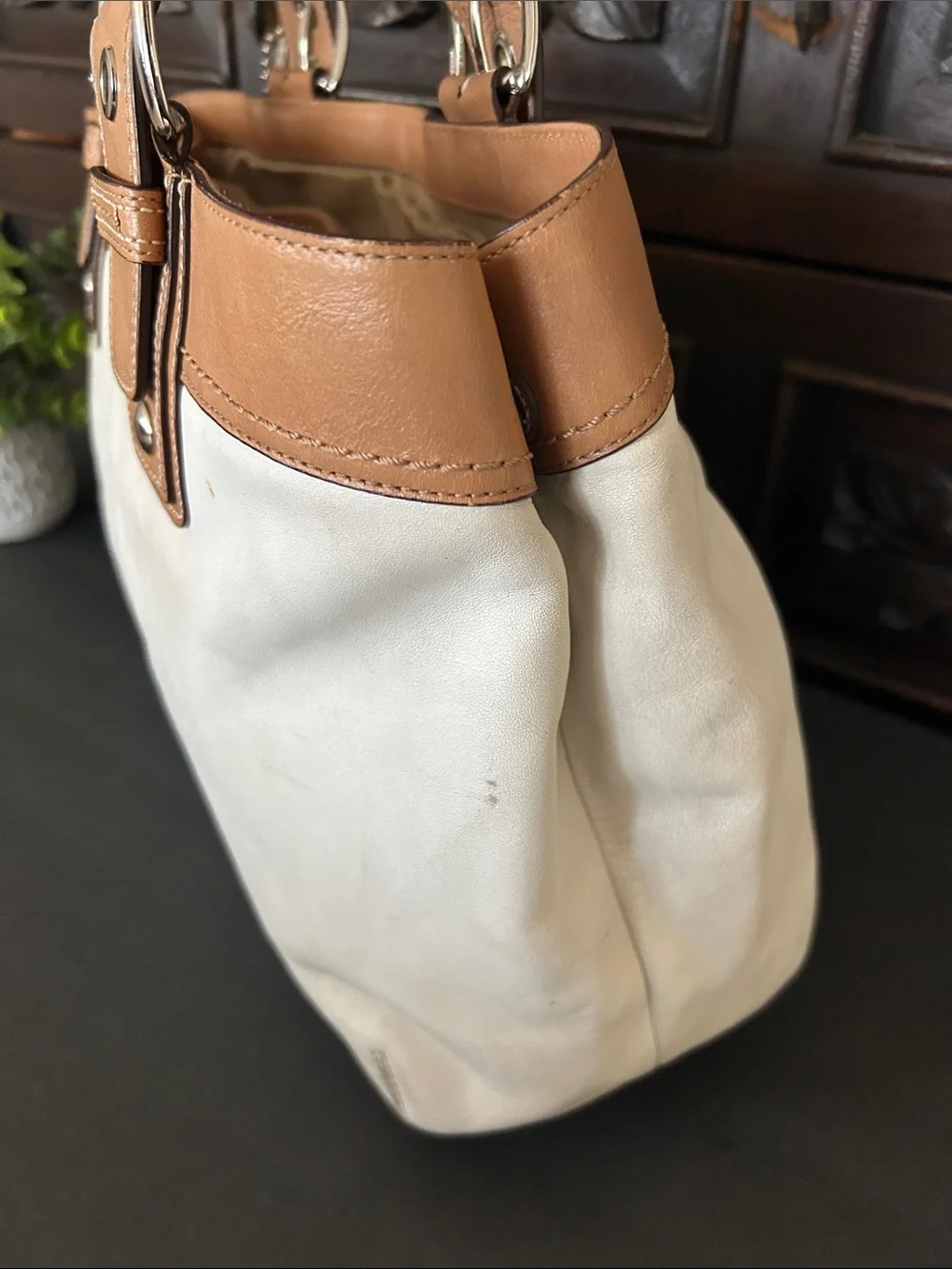 Coach Cream Canvas Shoulder Bag with Tan Leather Trim